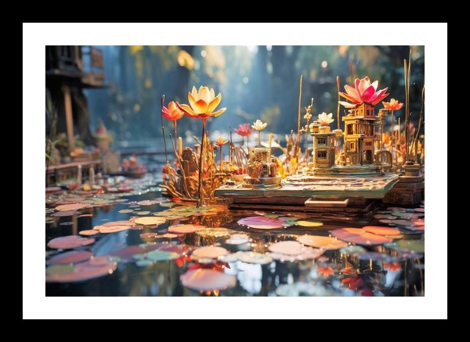 Golden Lotus Cityscape Pond Art. Wall Art, Interior Accents, Framing Solutions, Residential/Commercial Decor, Premium Gifts | Size: 8 x 12 inches