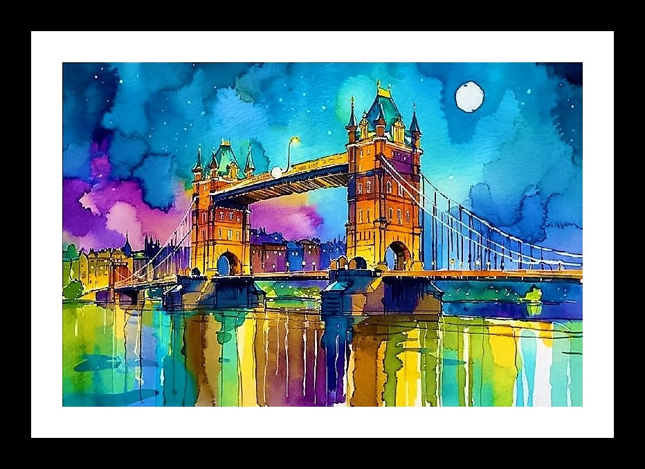 Tower Bridge Night Watercolor - Vivid Art for Your Walls. Photo Frame With Photo, Wall Hanging Art, Wall Decor, Home Decor, Picture Frame | Size: 8 x 12 inches