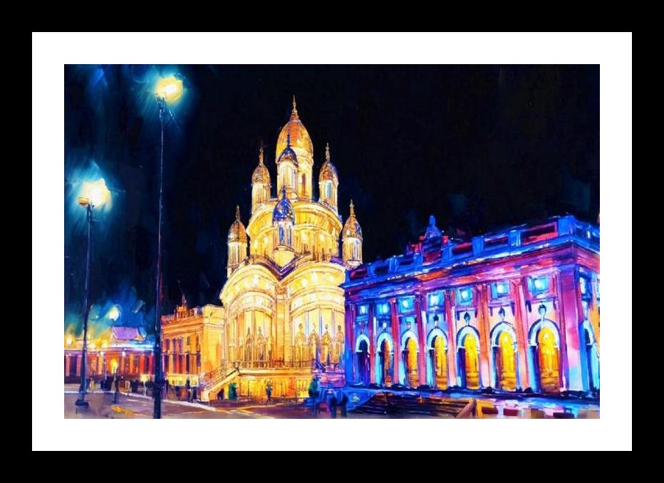 Dakshineswar Temple at Night: Illuminated Beauty. Wall Art, Interior Accents, Framing Solutions, Residential/Commercial Decor, Premium Gifts | Size: 8 x 12 inches