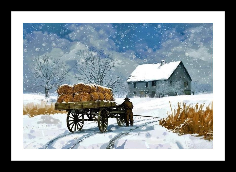 Winter Farmhouse: Hay Cart in Snow Portrait Wall Art, Interior Accents, Framing Solutions, Residential/Commercial Decor, Premium Gifts | Size: 8 x 12 inches
