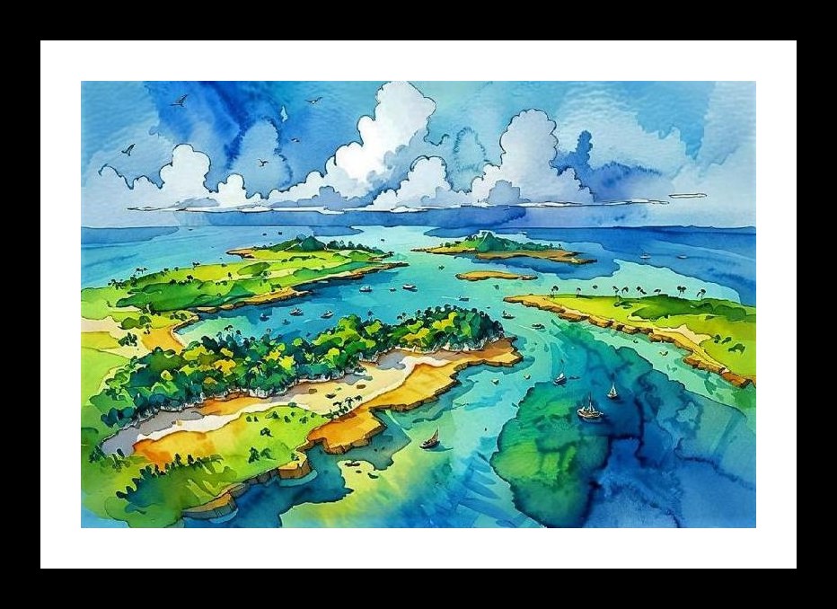 Tropical Archipelago Watercolor Art - Serene Island Escape. Wall Art, Interior Accents, Framing Solutions, Residential/Commercial Decor, Premium Gifts | Size: 8 x 12 inches