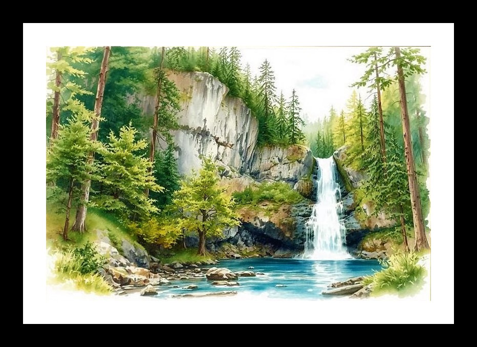 Serene Waterfall Portrait: Lush Forest, Tranquil Pool. Photo Frame With Photo, Wall Hanging Art, Wall Decor, Home Decor, Picture Frame | Size: 8 x 12 inches