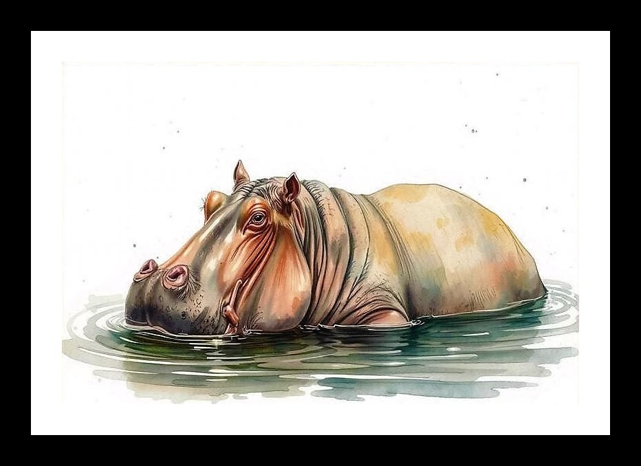 Mammoth Hippo in Water: Stunning Portrait. Photo Frame With Photo, Wall Hanging Art, Wall Decor, Home Decor, Picture Frame | Size: 8 x 12 inches