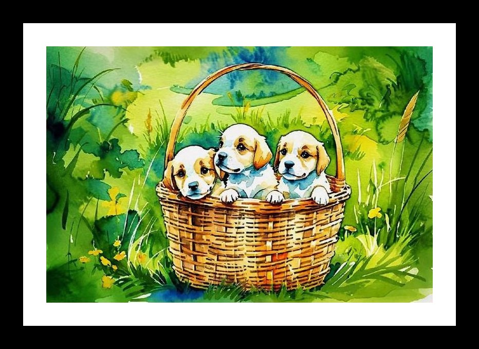 Puppy Love Portrait: Basket of Joyful Pups Among Wildflowers Wall Art, Interior Accents, Framing Solutions, Residential/Commercial Decor, Premium Gifts | Size: 8 x 12 inches