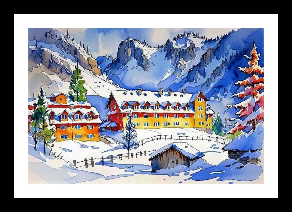 Snow Village Watercolor Mountain Art Wall Art, Interior Accents, Framing Solutions, Residential/Commercial Decor, Premium Gifts | Size: 8 x 12 inches