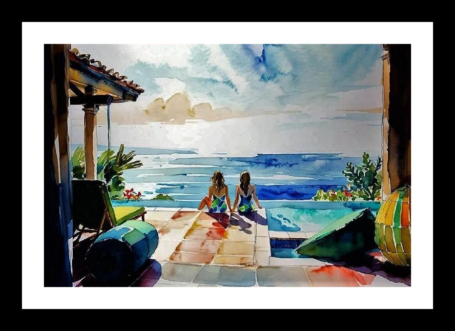 Ocean View Serenity: Two Women by the Infinity Pool. Wall Art, Interior Accents, Framing Solutions, Residential/Commercial Decor, Premium Gifts | Size: 8 x 12 inches