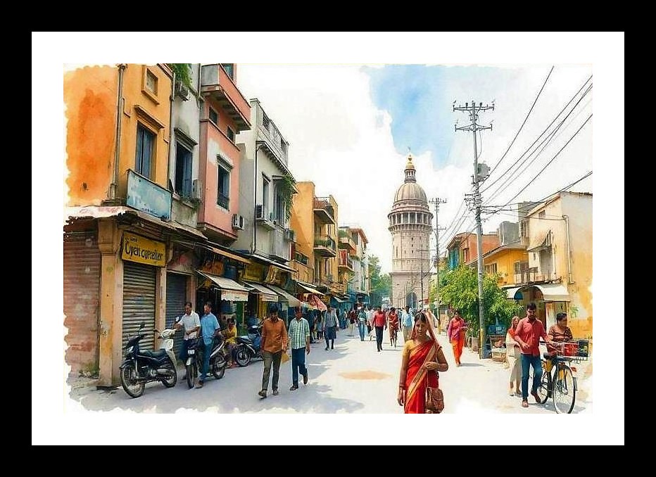 Indian Street Scene Watercolor Portrait - Vibrant Colors Wall Art, Interior Accents, Framing Solutions, Residential/Commercial Decor, Premium Gifts | Size: 8 x 12 inches