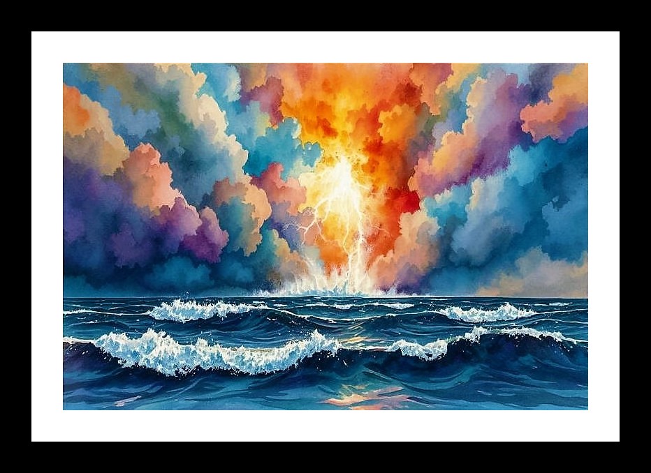 Mesmerizing Watercolor Masterpiece: Lightning's Fury over Troubled Waters, Photo Frame With Photo, Wall Hanging Art, Wall Decor, Home Decor, Picture Frame | Size: 8 x 12 inches