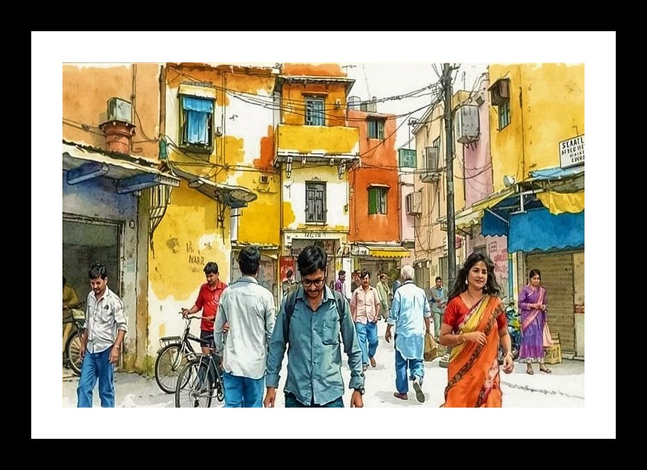 Indian Street Market Watercolor Portrait - Vivid & Vibrant Wall Art, Interior Accents, Framing Solutions, Residential/Commercial Decor, Premium Gifts | Size: 8 x 12 inches