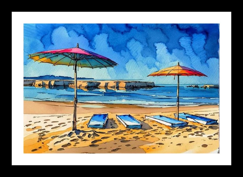 Beach Umbrellas & Loungers: Tranquil Shore Portrait. Wall Art, Interior Accents, Framing Solutions, Residential/Commercial Decor, Premium Gifts | Size: 8 x 12 inches