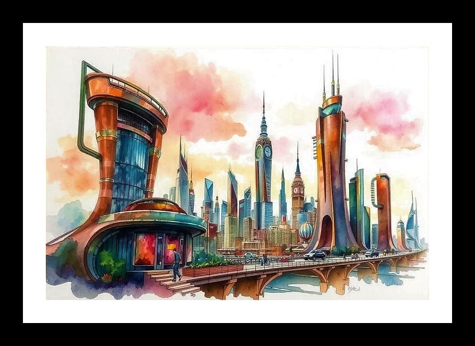 Watercolor Future Cityscape Portrait - Stunning Skyline Art Photo Frame With Photo, Wall Hanging Art, Wall Decor, Home Decor, Picture Frame | Size: 8 x 12 inches
