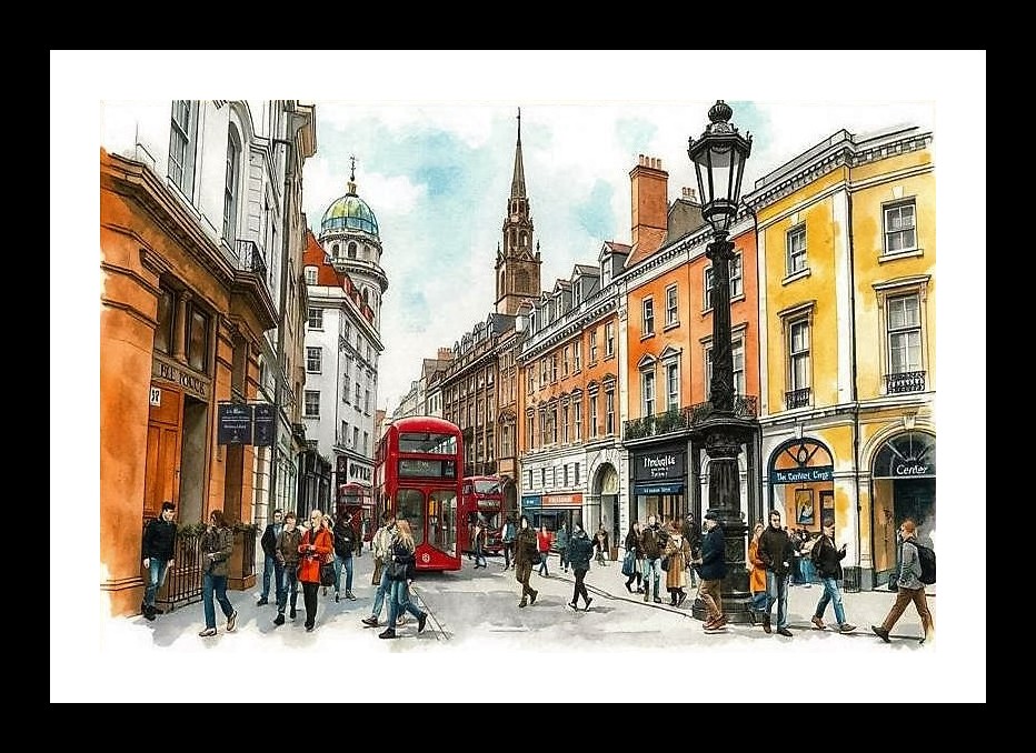 London Street Watercolor Painting - Cityscape Art Wall Art, Interior Accents, Framing Solutions, Residential/Commercial Decor, Premium Gifts | Size: 8 x 12 inches