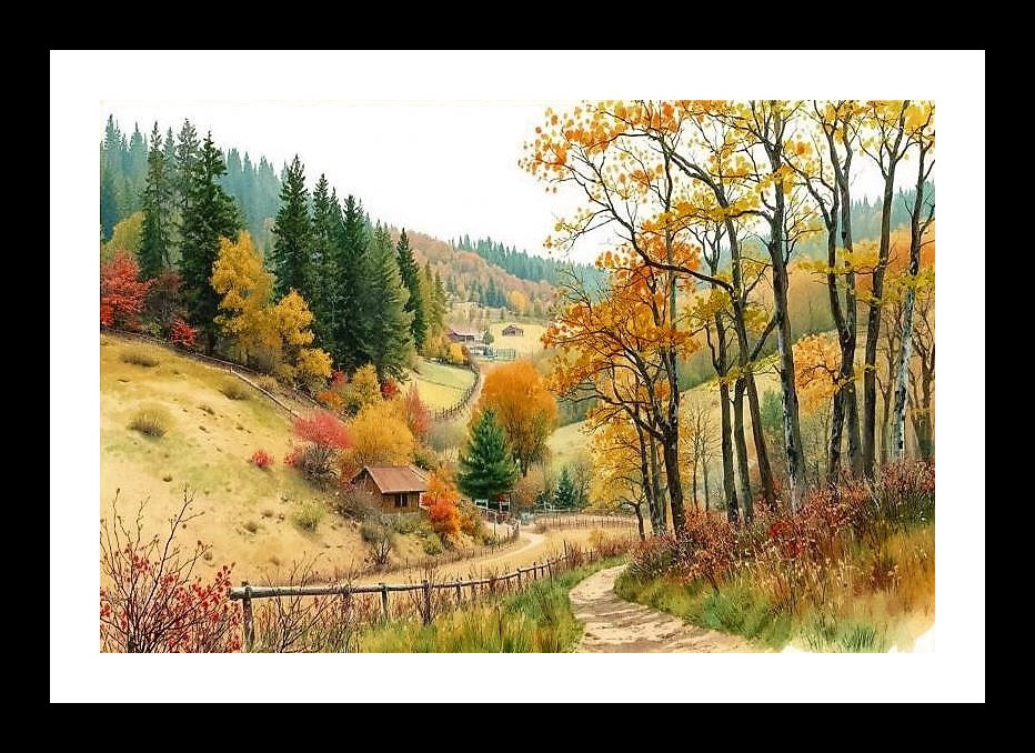 Autumn Valley Path Portrait: Serene Landscape Art Wall Art, Interior Accents, Framing Solutions, Residential/Commercial Decor, Premium Gifts | Size: 8 x 12 inches