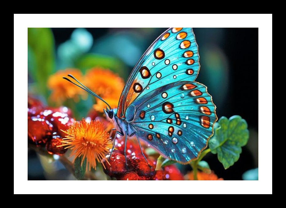 Blue Butterfly on Orange Flower - Stunning Photo Wall Art, Interior Accents, Framing Solutions, Residential/Commercial Decor, Premium Gifts | Size: 8 x 12 inches