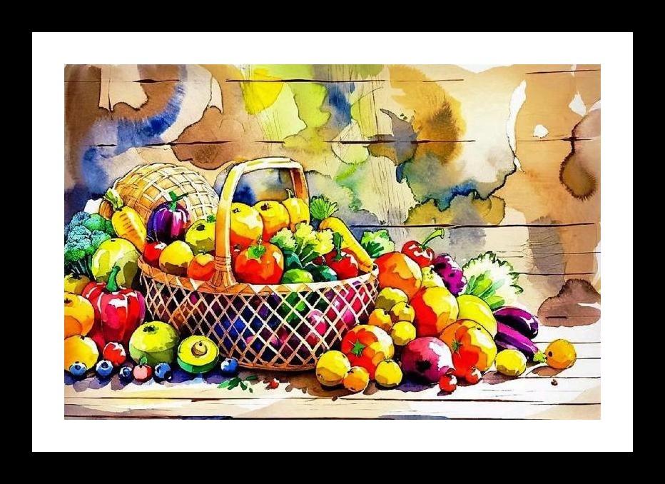 Vibrant Fruit & Veggie Watercolor Basket Art. Wall Art, Interior Accents, Framing Solutions, Residential/Commercial Decor, Premium Gifts | Size: 8 x 12 inches