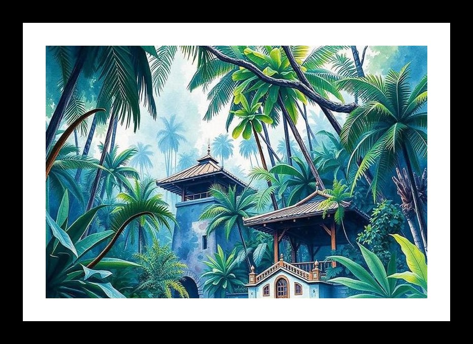 Serene Oasis Portrait: Asian Hues Amidst Tropical Palms Wall Art, Interior Accents, Framing Solutions, Residential/Commercial Decor, Premium Gifts | Size: 8 x 12 inches
