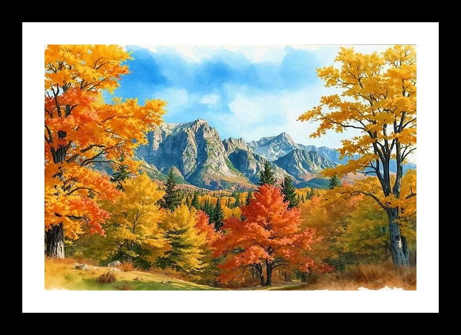 Autumn Majesty Portrait: Vibrant Leaves & Mountain View. Photo Frame With Photo, Wall Hanging Art, Wall Decor, Home Decor, Picture Frame | Size: 8 x 12 inches