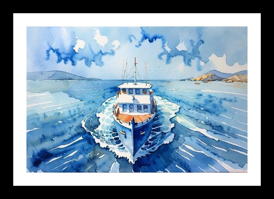 Azure Voyage: Blue Boat on Turquoise Waters. Wall Art, Interior Accents, Framing Solutions, Residential/Commercial Decor, Premium Gifts | Size: 8 x 12 inches