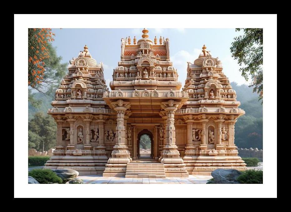 Serene Sandstone Gateway: Divine Carvings in Lush Greenery. Wall Art, Interior Accents, Framing Solutions, Residential/Commercial Decor, Premium Gifts | Size: 8 x 12 inches