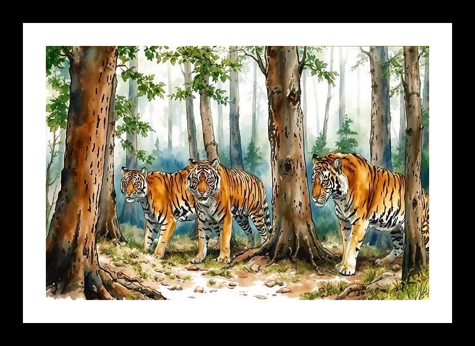 Majestic Tigers Portrait: Tropical Forest Scene. Photo Frame With Photo, Wall Hanging Art, Wall Decor, Home Decor, Picture Frame | Size: 8 x 12 inches