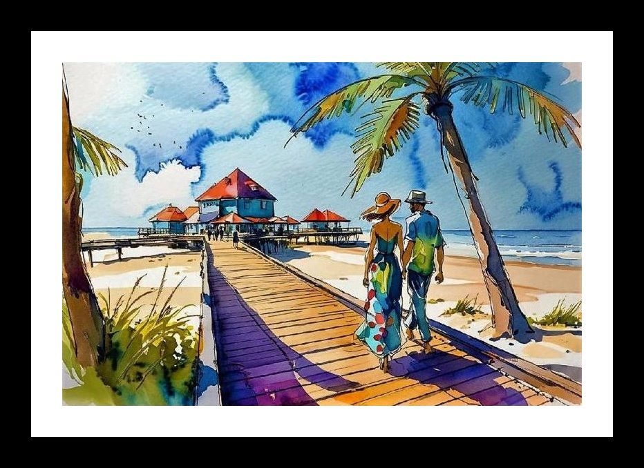 Sunny Boardwalk Romance: Seaside Village Portrait Wall Art, Interior Accents, Framing Solutions, Residential/Commercial Decor, Premium Gifts | Size: 8 x 12 inches