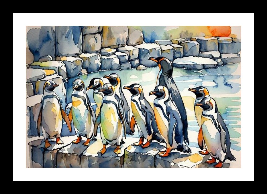 Penguin Colony Watercolor Art - Vivid & Serene. Wall Art, Interior Accents, Framing Solutions, Residential/Commercial Decor, Premium Gifts | Size: 8 x 12 inches