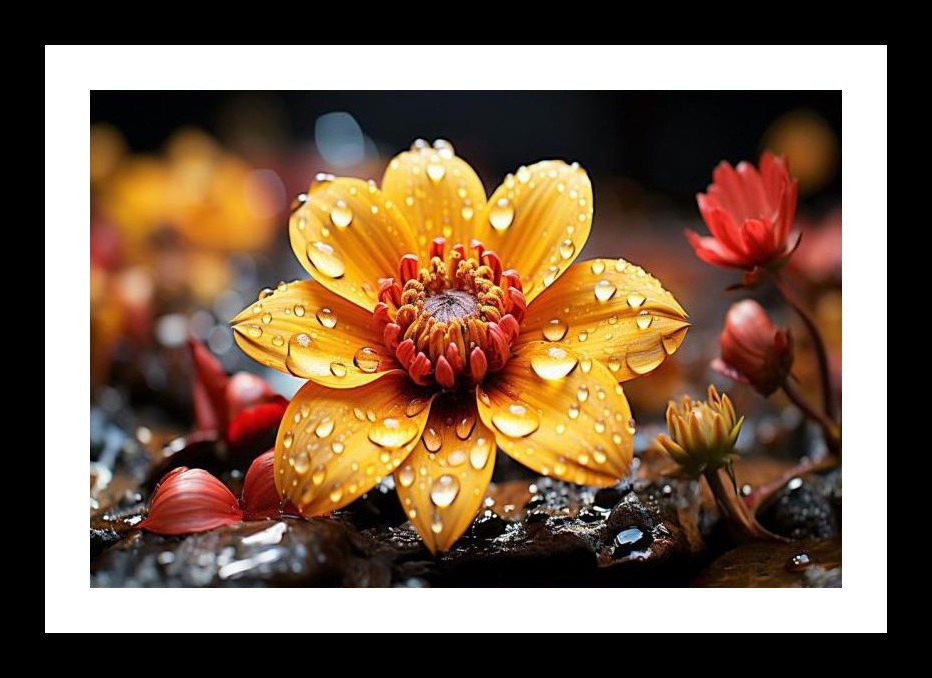 Golden flower blossoms, glistening with morning dew, a vibrant autumnal scene. Wall Art, Interior Accents, Framing Solutions, Residential/Commercial Decor, Premium Gifts | Size: 8 x 12 inches