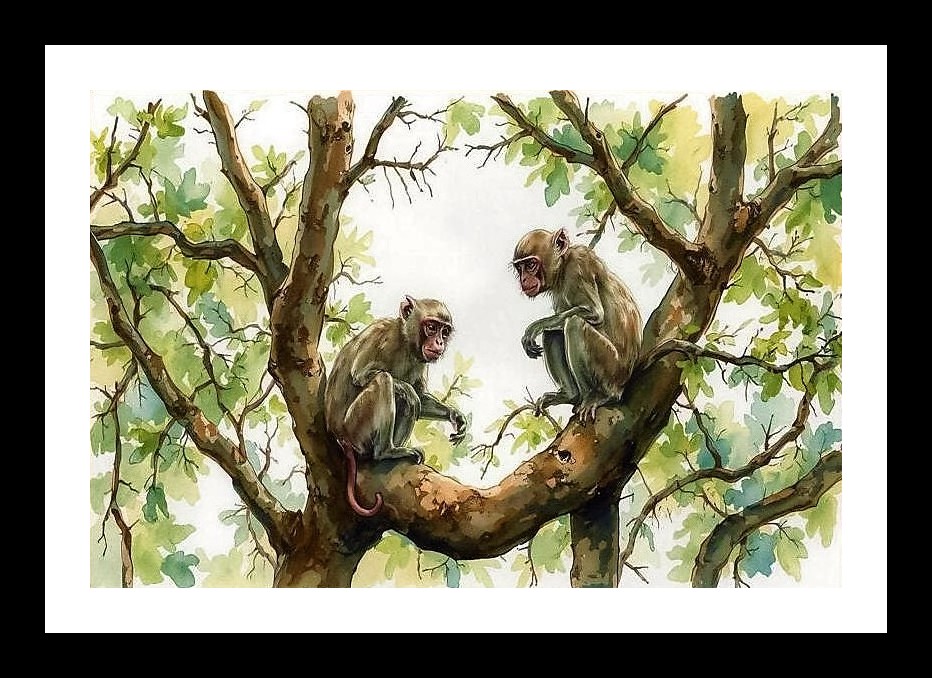 Jungle Duo: Monkey Portrait in Lush Forest Scene Wall Art, Interior Accents, Framing Solutions, Residential/Commercial Decor, Premium Gifts | Size: 8 x 12 inches
