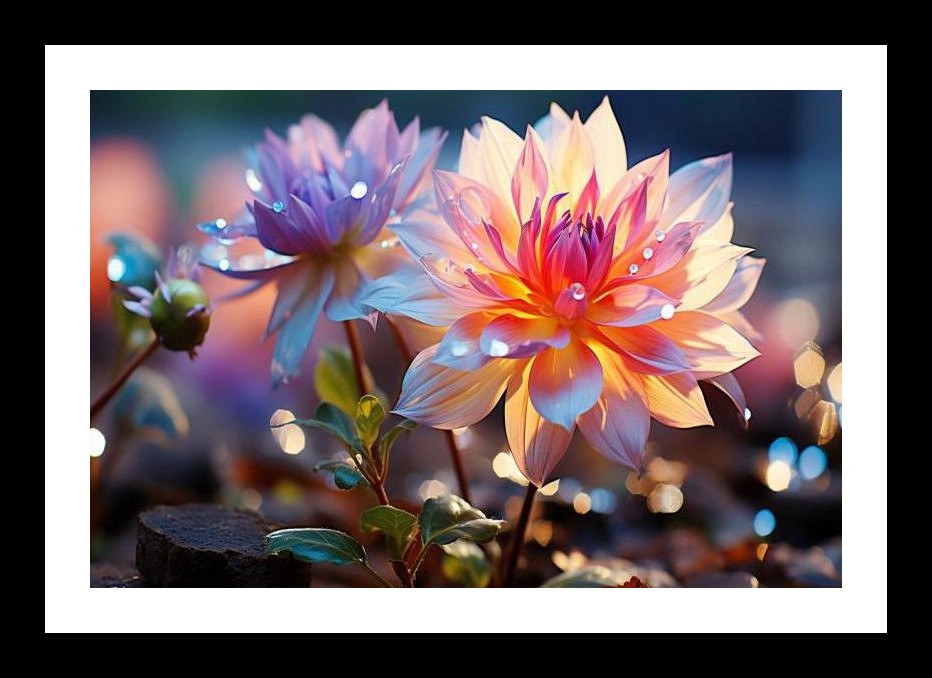 Dew-kissed dahlias glow in the soft, magical light. Wall Art, Interior Accents, Framing Solutions, Residential/Commercial Decor, Premium Gifts | Size: 8 x 12 inches