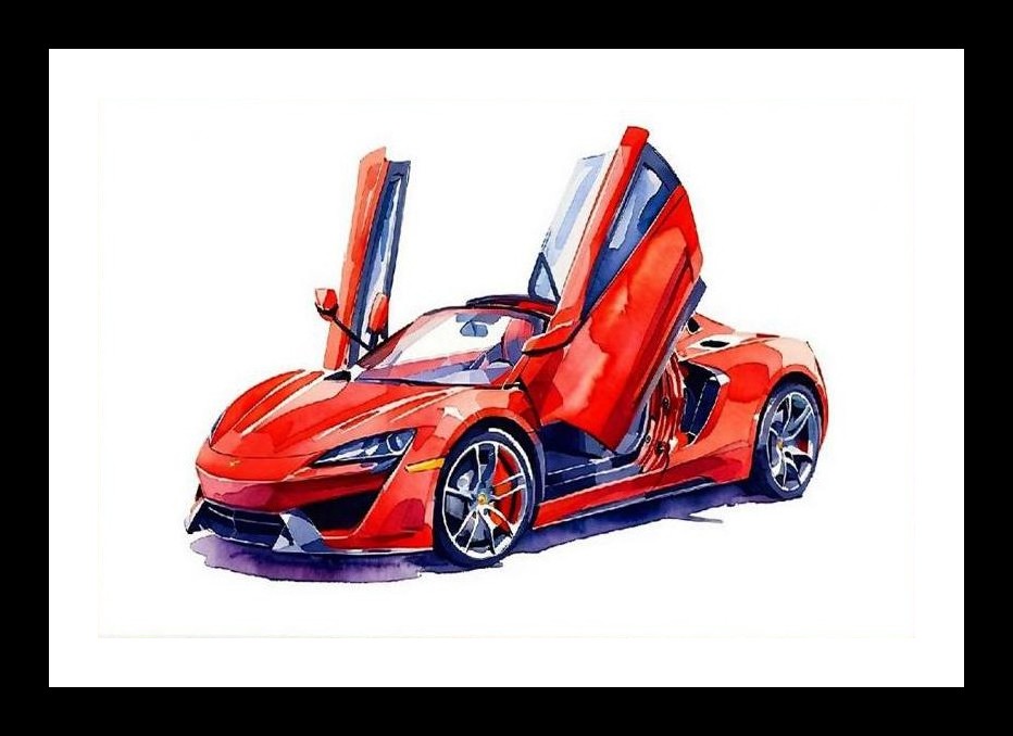 Red Supercar Watercolor Portrait - Vibrant Open Doors Wall Art, Interior Accents, Framing Solutions, Residential/Commercial Decor, Premium Gifts | Size: 8 x 12 inches