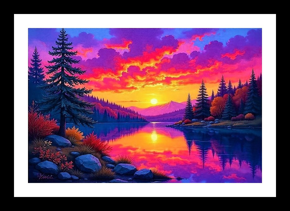 Sunset Lake Serenity: Majestic Landscape Portrait Wall Art, Interior Accents, Framing Solutions, Residential/Commercial Decor, Premium Gifts | Size: 8 x 12 inches