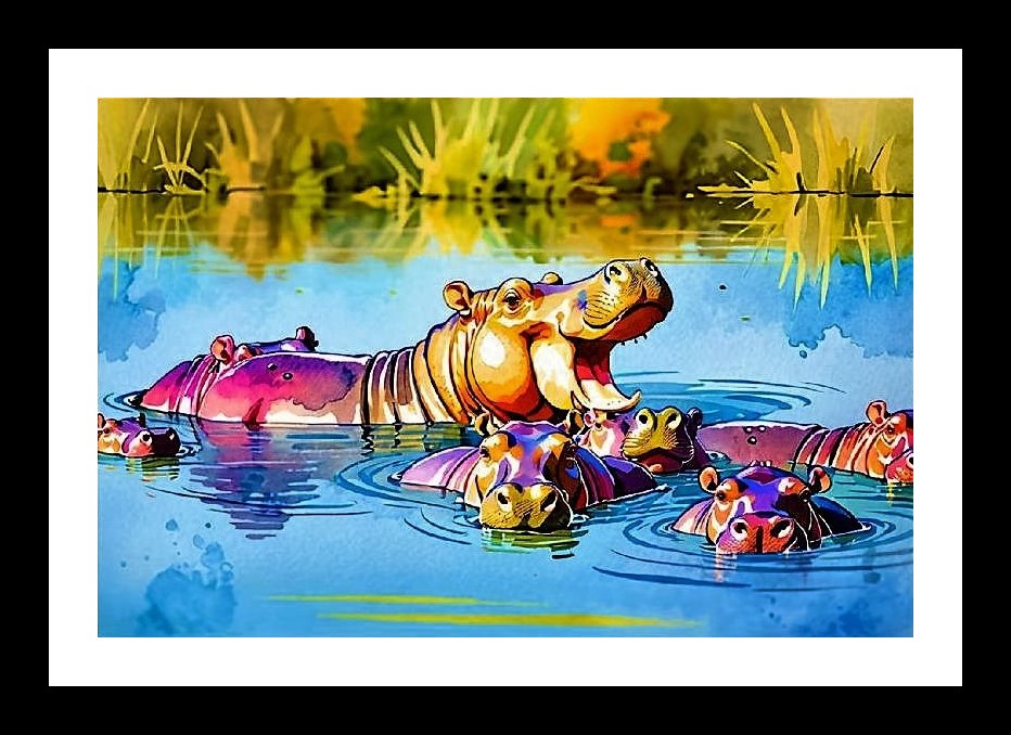Hippo Family Dip: Vibrant Wall Art. Wall Art, Interior Accents, Framing Solutions, Residential/Commercial Decor, Premium Gifts | Size: 8 x 12 inches