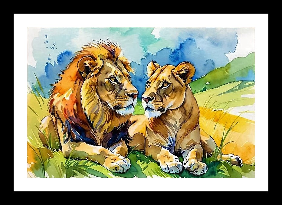 Savanna Majesty: Lion & Lioness Portrait in Golden Grass Photo Frame With Photo, Wall Hanging Art, Wall Decor, Home Decor, Picture Frame | Size: 8 x 12 inches