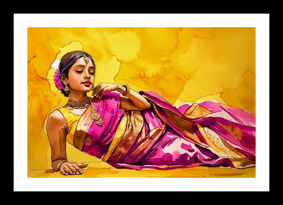 Fuchsia Saree: Watercolor Portrait of Grace & Gold Wall Art, Interior Accents, Framing Solutions, Residential/Commercial Decor, Premium Gifts | Size: 8 x 12 inches