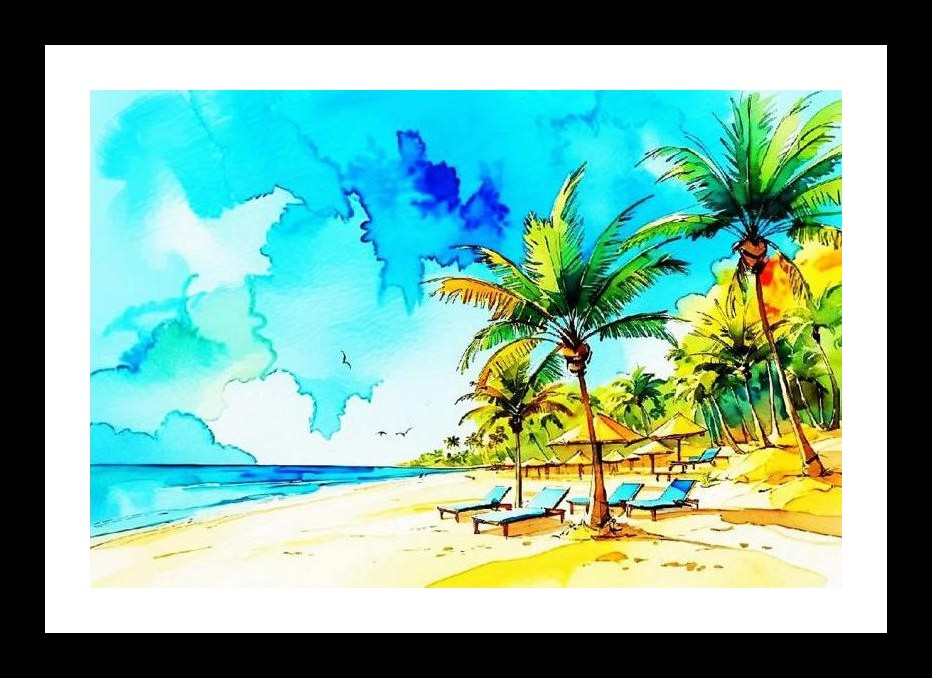 Tropical Paradise Portrait: Beach Loungers, Palms, Vibrant Shore. Wall Art, Interior Accents, Framing Solutions, Residential/Commercial Decor, Premium Gifts | Size: 8 x 12 inches