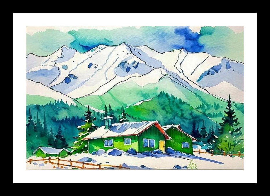 Emerald Cabin Peak: Snowy Mountain Retreat Wall Art, Interior Accents, Framing Solutions, Residential/Commercial Decor, Premium Gifts | Size: 8 x 12 inches