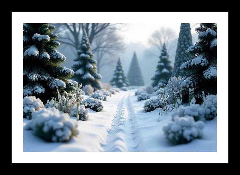 Winter Wonderland Path - Snowy Evergreens. Wall Art, Interior Accents, Framing Solutions, Residential/Commercial Decor, Premium Gifts | Size: 8 x 12 inches