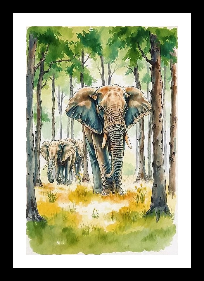 Majestic Elephant Herd: Lush Tropical Forest Portrait. Photo Frame With Photo, Wall Hanging Art, Wall Decor, Home Decor, Picture Frame | Size: 8 x 12 inches