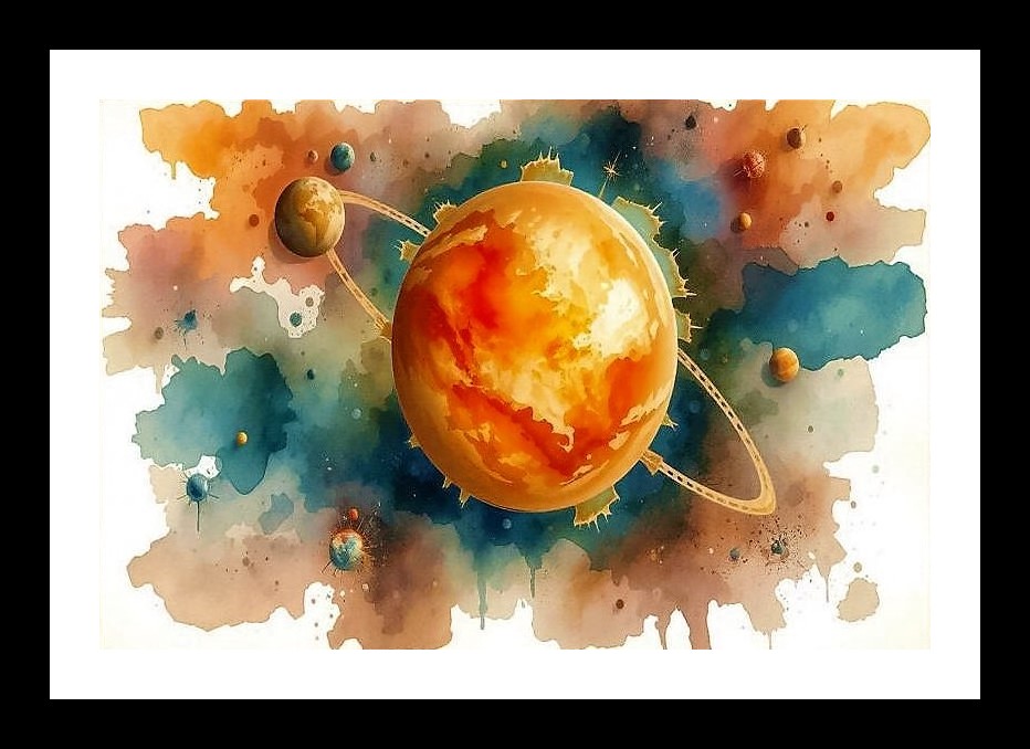 Fiery Planetary System Watercolor - A Celestial Masterpiece Wall Art, Interior Accents, Framing Solutions, Residential/Commercial Decor, Premium Gifts | Size: 8 x 12 inches