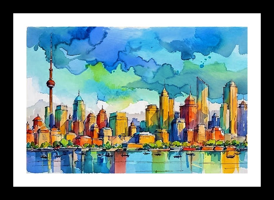 Watercolor Cityscape Reflection - Serene Urban Art Wall Art, Interior Accents, Framing Solutions, Residential/Commercial Decor, Premium Gifts | Size: 8 x 12 inches