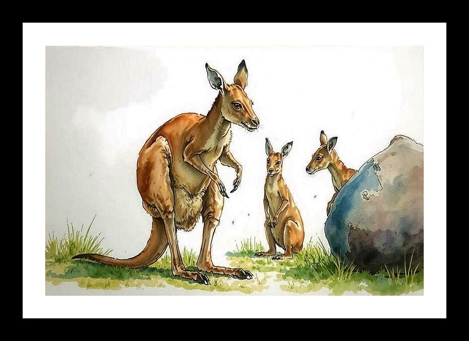 Watercolor Kangaroos: Intense Minimalist Art Wall Art, Interior Accents, Framing Solutions, Residential/Commercial Decor, Premium Gifts | Size: 8 x 12 inches
