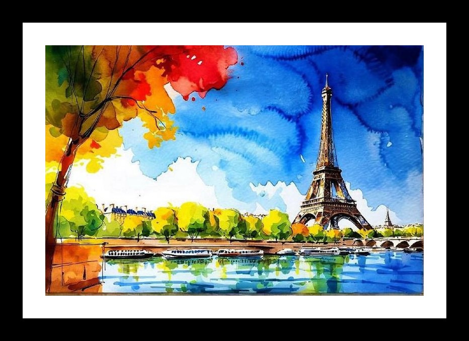 Eiffel Tower Watercolor Reflection - Autumn Sky Art Wall Art, Interior Accents, Framing Solutions, Residential/Commercial Decor, Premium Gifts | Size: 8 x 12 inches