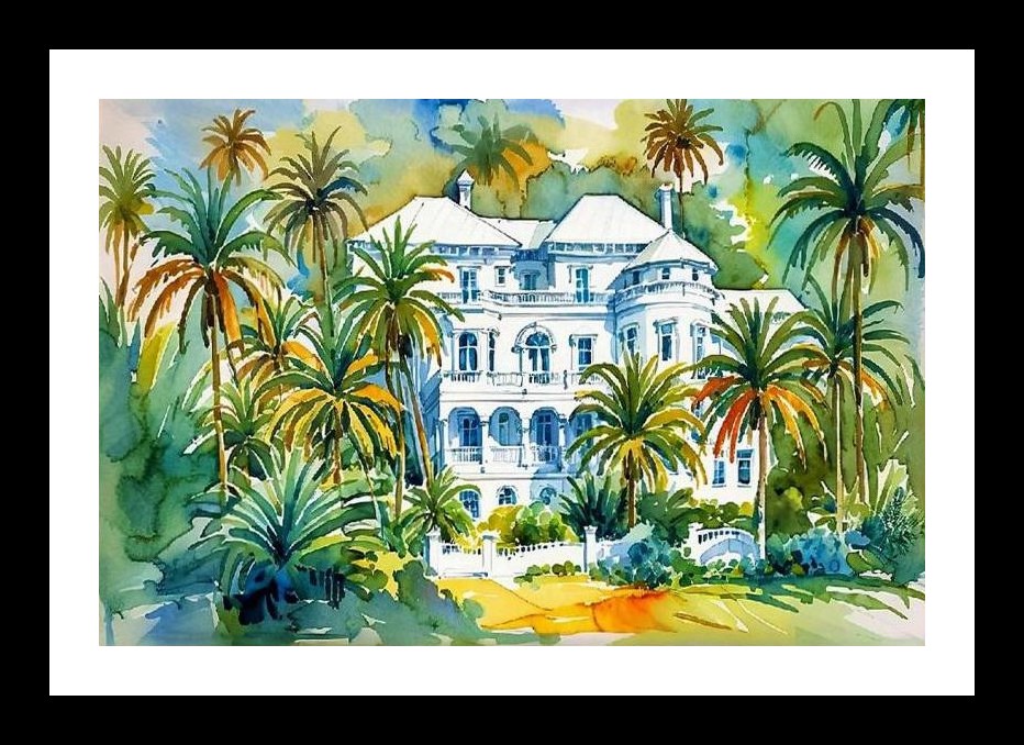Tropical Mansion Portrait: Grand Estate Art Wall Art, Interior Accents, Framing Solutions, Residential/Commercial Decor, Premium Gifts | Size: 8 x 12 inches