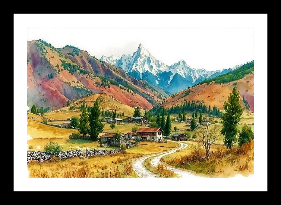 Valley Village Vista: Winding Road, Mountain Majesty. Wall Art, Interior Accents, Framing Solutions, Residential/Commercial Decor, Premium Gifts | Size: 8 x 12 inches
